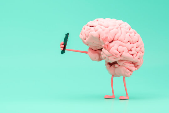 A creative 3D rendering of a brain taking a selfie against a turquoise background