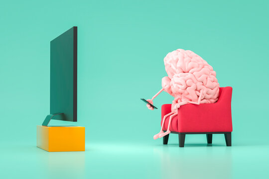 Illustration of a brain on a sofa with a remote watching television