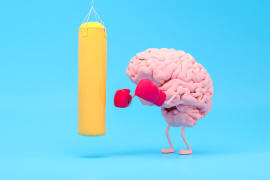 Illustration of a brain boxing a punching bag with gloves on a blue background
