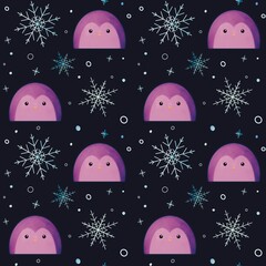 Cute purple penguin and snowflake seamless pattern with dark background