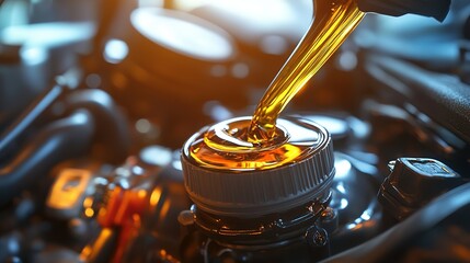 engine oil being poured from a bottle into an engine, close-up