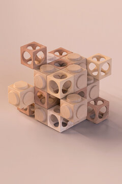 Abstract wooden geometric pieces arranged in a structured pattern.