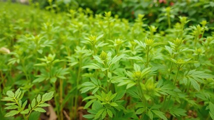 Obraz premium Green leaves background, fenugreek leaves plant, Medicine plant wallpaper, Fenugreek plant in field. Green Fenugreek . Fresh Green Fenugreek Leaves