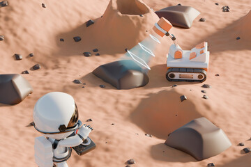 Cute astronaut exploring Mars with a robot rover.