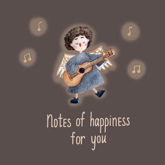 Watercolor llustration of an angel playing a guitar, surrounded by musical notes. Perfect for holiday cards, music-themed designs, or spiritual artwork, celebrating the harmony of music.