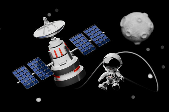 Cute astronaut in space with a satellite and asteroid.