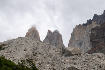 The rugged granite mountains at the Base of the Towers in Torres Del Paine National park