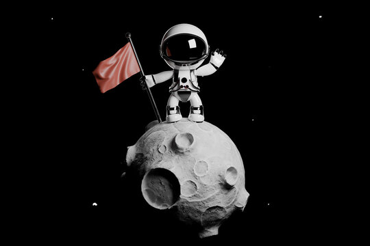 Cute astronaut in a space suit waving on a moon-like planet in space.