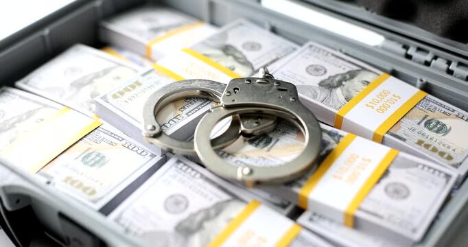A briefcase filled with cash and handcuffs serves as a powerful symbol representing crime, justice, and temptation
