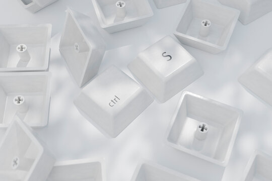 Disassembled computer keyboard keys in a random arrangement.