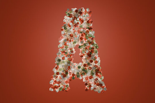 3D letter A composed of colorful geometric shapes on a red background.