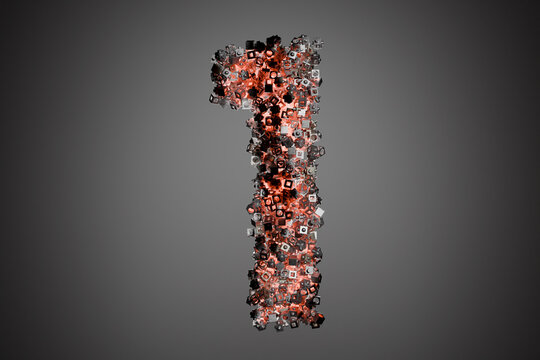 Abstract geometric number one illustration with red, black, and gray shapes.