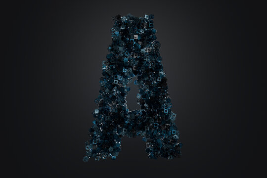 A 3D rendered letter A made of dark geometric shapes.