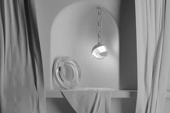 Minimalist monochrome composition with cloth and hanging light.