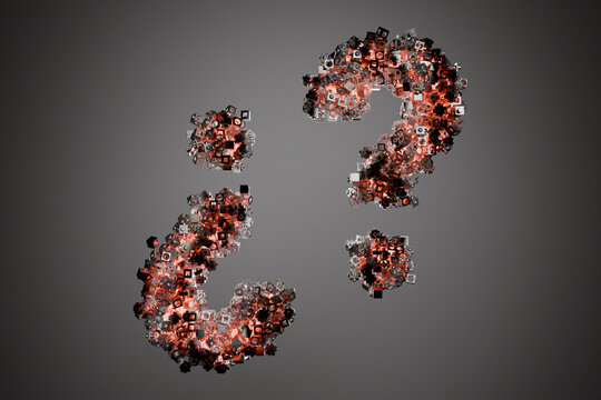 3D rendering of geometric shapes forming question and exclamation marks on a dark background.