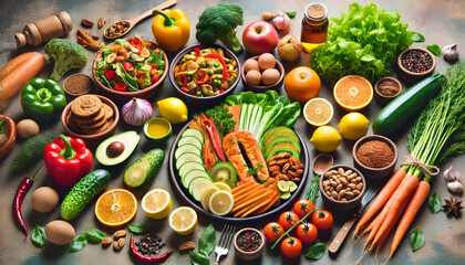 A vibrant array of fresh fruits and vegetables artfully arranged on a table. Rich variety and natural beauty of healthy foods.
