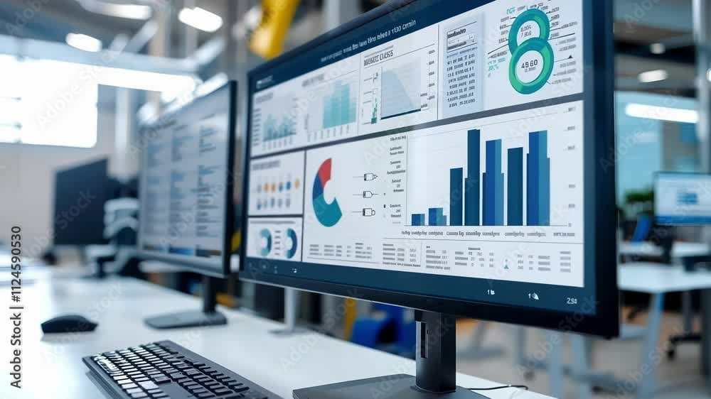 Poster high tech factory leverages software to display real time data analysis and key performance indicato