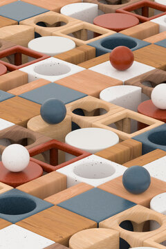 Colorful geometric shapes in a three-dimensional grid pattern.