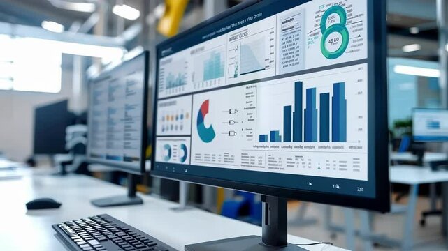 High tech factory leverages software to display real time data analysis and key performance indicators - kpis - on a computer screen