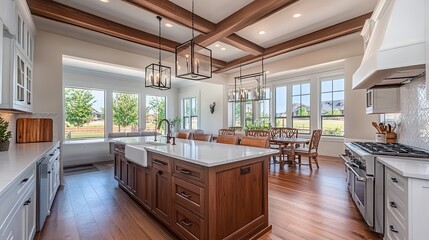 A large kitchen with a white island and a wood stove. The kitchen is well lit and has a warm, inviting atmosphere