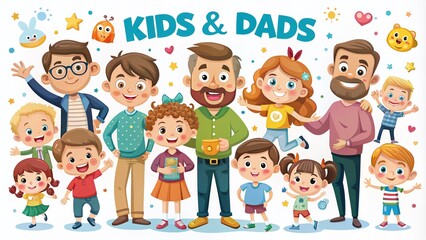 A Collection of Adorable Hand-Drawn Cartoon Kids and Dads Engaging in Playful Activities in Various Poses on a White Background for Family-Themed Illustrations