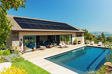 Eco-friendly villa with solar panels, wooden accents, private pool, and mountain views surrounded by natural landscaping