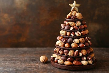 Original Christmas tree made of nuts on a dark wooden table