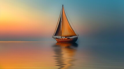 Fototapeta premium A sailboat moving peacefully across tranquil waters, with a serene horizon, shot in
