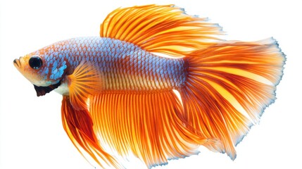 Fototapeta premium Vibrant Betta Fish with Striking Blue and Orange Fins Swimming Elegantly in Clear Water
