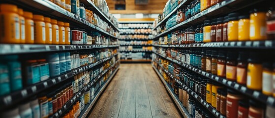 A shopper navigates a vibrant aisle filled with various psychobiotic supplements and health products. The organized shelves display colorful bottles and jars