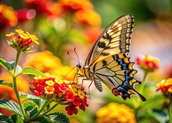Fototapeta premium Tilt-Shift Butterfly on Lantana: Cyclades, Greece - Swallowtail Insect Macro Photography