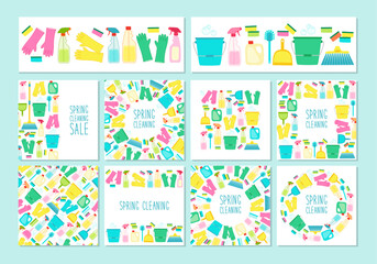 Cute spring cleaning utensils background in vivid eye catching colors