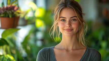 Naklejka premium Smiling Woman in Vibrant Indoor Garden with Arms Crossed and Soft Natural Light