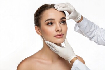 Portrait young woman touched doctors gloves plastic surgery clean white background