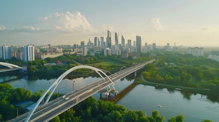 Obraz premium Aerial view of a modern bridge over a river with a vibrant city skyline in the background.