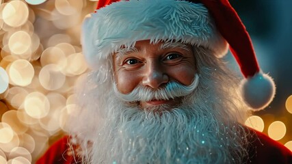 Joyful Santa Claus spreading holiday cheer in a winter setting surrounded by glowing lights