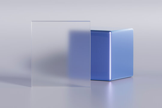 A blue cube behind a semi-transparent glass with a minimalist design.
