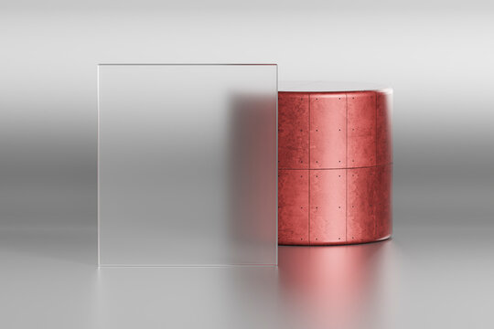 Modern cylinder behind semi-transparent glass in a minimalistic setting