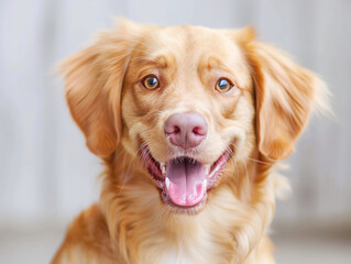 A dog with its head tilted and a huge open-mouthed grin, showing its teeth and looking delighted