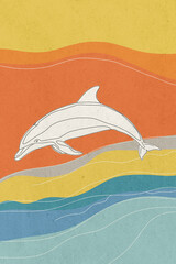 Minimalist line art illustration of a dolphin jumping over stylized ocean waves with a vibrant color palette.
