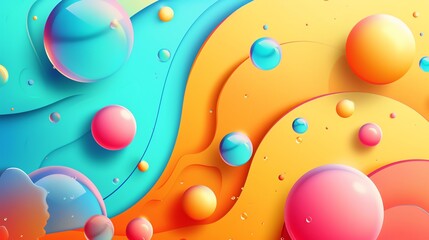 Abstract background with colorful 3D spheres and wavy shapes.