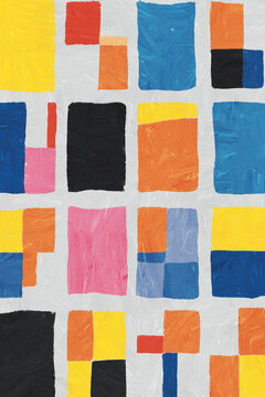 Vibrant abstract painting with colorful rectangles and dynamic brush strokes.