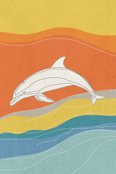 Minimalist line art illustration of a dolphin jumping over stylized ocean waves with a vibrant color palette.
