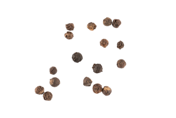A pile of Black pepper seeds, aromatic peppercorn spice, dried cooking spicy ingredients, graphic element isolated on a transparent background