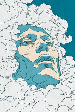 Vintage style illustration of a giant stone face surrounded by clouds looking up at the sky.