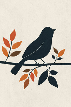 Minimalist illustration of a blackbird perched on a branch with colorful autumn leaves.