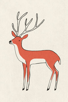 Minimalist illustration featuring a deer standing with its antlers on a white background.
