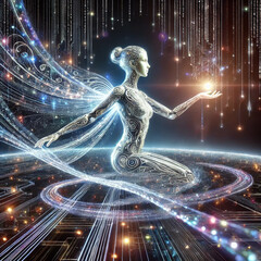 A serene and harmonious cybernetic being radiates brilliant light within a vast and beautiful digital cosmos