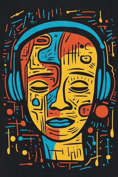 Abstract portrait featuring a person wearing headphones and enjoying music, created with bold lines and vibrant colors.
