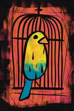 Colorful bird in a cage longing for freedom, surrounded by bars symbolizing captivity and loneliness.